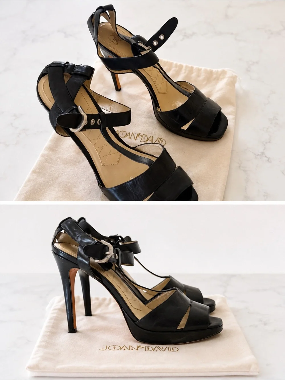 Joan & David Black Leather High-Heel T-Strap Sandals - W11